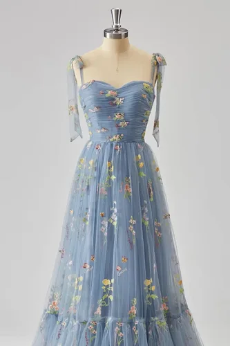 Vista 5 de Toreque Vestido de fiesta de tul con bordado de flores para mujer, tirantes delgados, corsé, largo, formal, vestidos de fiesta de noche