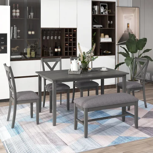 Vista 31 de Juego de mesa de comedor vintage de 6 piezas, juego de mesa de comedor de cocina de madera maciza con 4 sillas ergonómicas acolchadas y banco, mesa