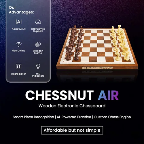 Vista 2 de Juego de ajedrez electrónico Chessnut Air, un magnífico tablero de ajedrez de madera hecho a mano con reinas extra, LED, juego de ajedrez