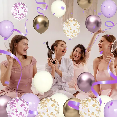 Vista 5 de Globos morados y dorados: 60 globos metálicos de lavanda y champán de 12 pulgadas con confeti para graduaciones, bodas, cumpleaños y celebraciones