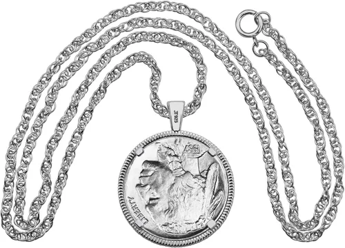 Vista 5 de US 1937 Indian Head Buffalo Nickel 5 Cents Coin Solid 925 Sterling Silver Necklace NEW - FULL HORN