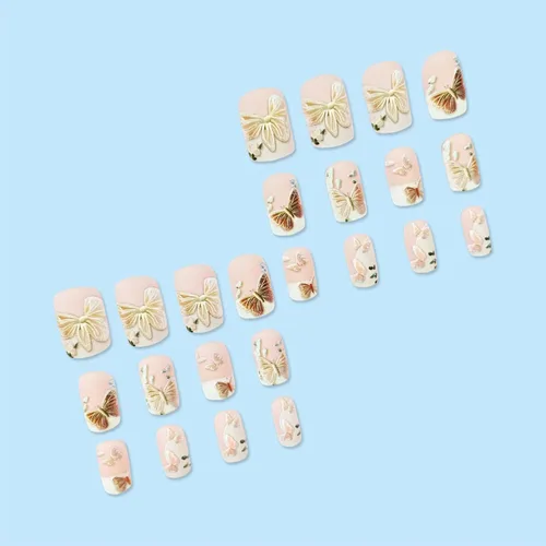 Vista 3 de Uñas postizas a presión de mariposa - Uñas falsas cortas cuadradas con diseños en relieve 3D, punta francesa blanca, acabado mate, acrílico rosa