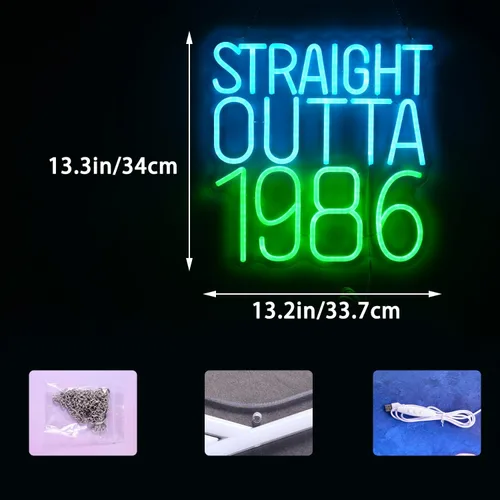 Vista 2 de Straight Outta - Letreros de neón de 1986 con texto en inglés "Happy Birthday", lámpara brillante para 40 años, 40 años, luces de neón retro