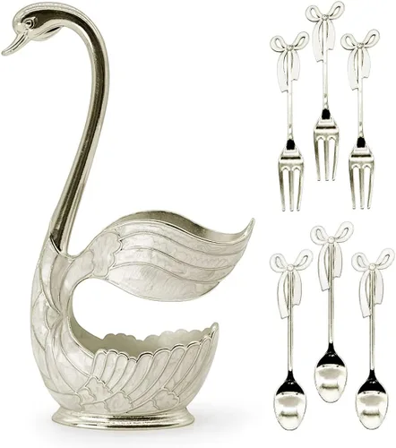 Vista 13 de Flylin Juego de cucharas de postre de café, soporte con base de cisne con 6 cucharas de helado, cucharaditas de café, postre y azúcar, cubiertos