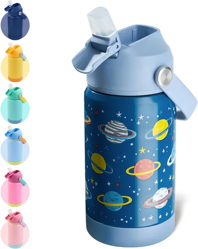 Vista 37 de Kerilyn - Botella de agua para niños, de acero inoxidable, con pajilla a prueba de fugas, con aislamiento térmico, libre de bisfenol A, unisex