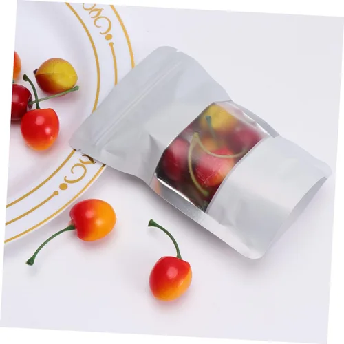 Vista 4 de 100 bolsas con cierre de cremallera aluminizadas con ventana transparente, bolsas de almacenamiento de alimentos para aperitivos y té, embalaje a