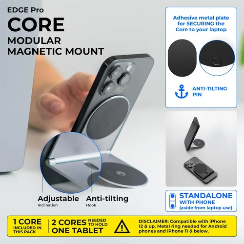 Vista 3 de Rolling Square Edge Pro Core - Soporte magnético para teléfono con base para computadoras y tabletas Placa de metal adhesiva segura o modo