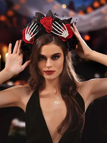 Vista 6 de Woeoe Diadema de Halloween FLower para el Día de los Muertos, diseño floral, araña, murciélago, fiesta, tocado para mujeres y niñas