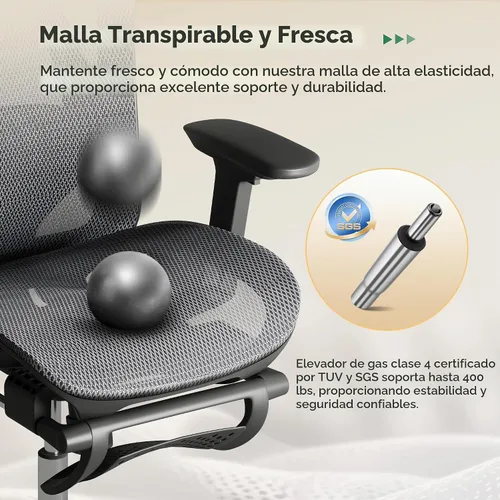 Vista 5 de DEVAISE Silla de escritorio ergonómica de malla para oficina, reposapiés retráctil y soporte lumbar ajustable, cómoda silla reclinable