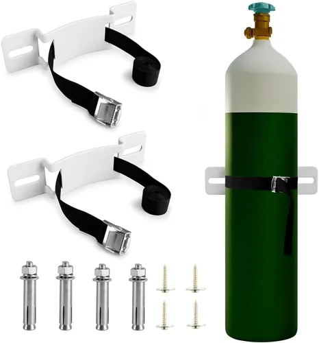Vista 6 de Soporte de pared cilíndrica, soporte para cilindro de gas, soporte de tanque de propano con tornillos y cinturón de seguridad (negro 1)