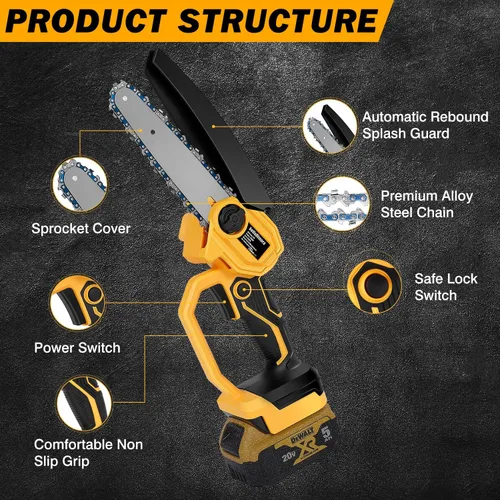Vista 5 de bellaDimora Motosierra Mini Inalámbrica de 6 Pulgadas Compatible con Batería DeWalt 20V MAX (Batería No Incluida), Motosierra Eléctrica de Mano