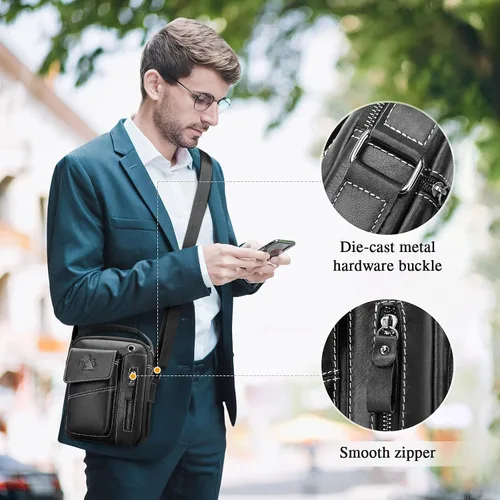 Vista 6 de BAIGIO Bolso bandolera de cuero pequeño para hombre, bolso bandolera para viajes, negocios, trabajo