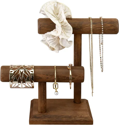 Vista 4 de Ikee Design Torre de exhibición de relojes de pulsera de madera de 2 niveles, soporte de almacenamiento para collar, 7.9 pulgadas de ancho x 4.3