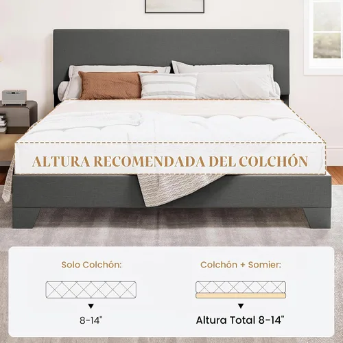 Vista 6 de SHA CERLIN Base de cama de plataforma de tamaño completo con tela de líneas limpias y cabecera ajustable, soporte de listones de madera, no necesita