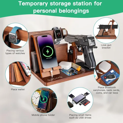 Vista 6 de Organizador de pistola de madera para hombre, soporte para teléfono, cartera, estación de acoplamiento, reloj militar, soporte de noche, soporte