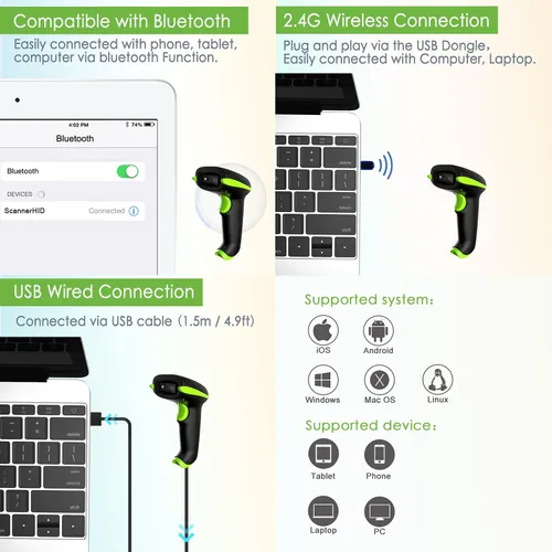 Vista 2 de NADAMOO Escáner de código de barras inalámbrico 2D con soporte, compatible con Bluetooth y conexión inalámbrica 2.4G y por cable, escáner de código