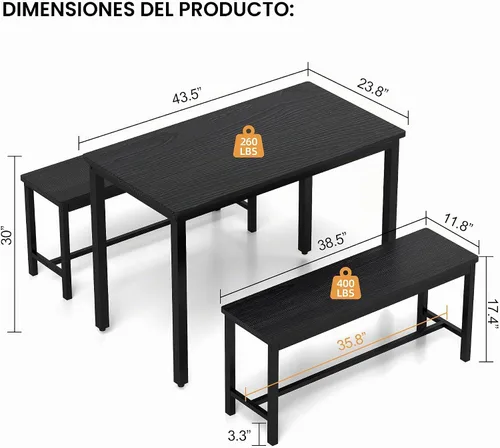 Vista 7 de Juego de mesa de comedor para 4, mesa de cocina con 2 bancos, muebles de comedor de madera de 3 piezas, juegos de sillas de comedor para rincón