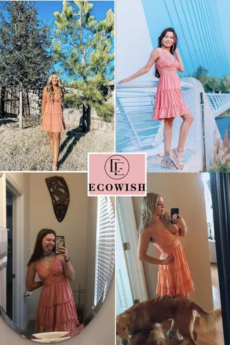 Vista 9 de ECOWISH Vestido corto sin mangas para mujer diseño al vuelo estilo patinadora escote en V tirantes delgados encaje y lazo de atar espalda descubierta