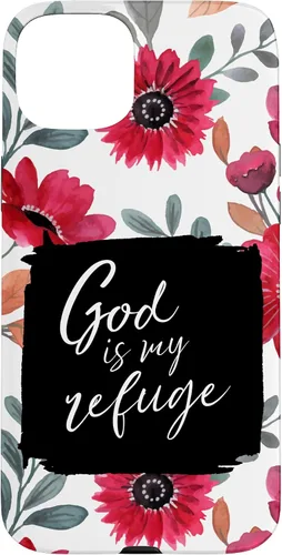Vista 9 de God is My Refuge - Carcasa para iPhone 16, diseño de flores rojas con versículo bíblico del Salmo 91