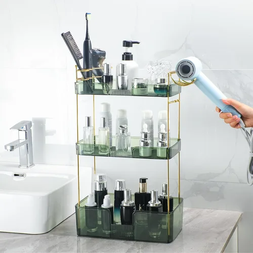 Vista 4 de Organizador de maquillaje de 3 niveles, organizador de baño, bandeja de perfume de maquillaje, organizador de cuidado de la piel, viene con estante