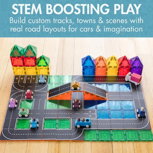 Vista 2 de Learn & Grow Paquete de Expansión de Azulejos Magnéticos de Carretera - Set de 40 Piezas de Complementos de Carretera para Autos, Aprendizaje STEM