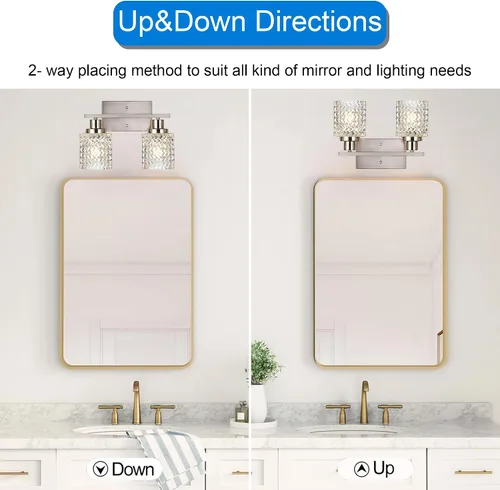 Vista 4 de MELUCEE Aplique de pared de 2 luces con pantalla de vidrio martillado, luces de baño de níquel cepillado sobre el espejo, accesorios de iluminación