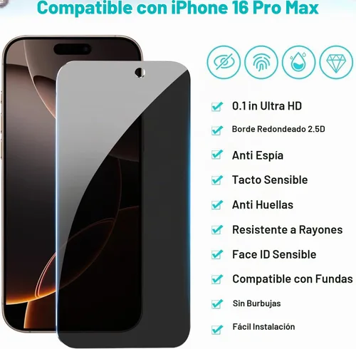Vista 5 de Paquete de 3 protectores de pantalla de privacidad para iPhone 16 Pro + 2 fundas para lentes