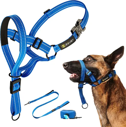 Vista 10 de Collar para la cabeza de perro con correa y correa de seguridad que detiene los tirones pesados de la correa, acolchado reflectante para la cabeza