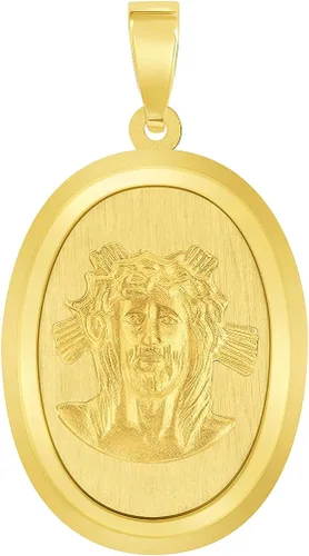 Vista 2 de Colgante de oro amarillo de 14 quilates con medalla milagrosa ovalada de Jesucristo con cadena Figaro