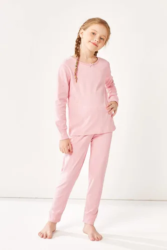 Vista 5 de Resinta Conjunto de 3 conjuntos de ropa interior térmica de algodón para niñas, parte superior y pantalones largos con lazos, capa base de invierno