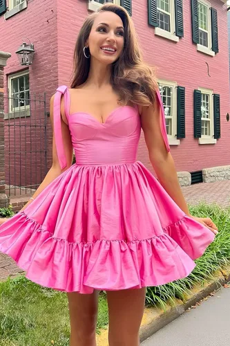 Vista 3 de Zoghoo Vestidos cortos de regreso a casa para adolescentes, dobladillo con volantes, vestido corto de graduación, vestido de cóctel de satén