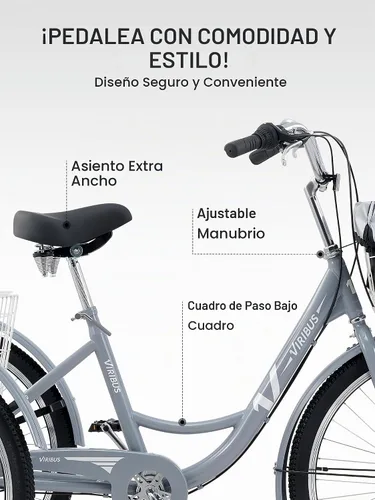 Vista 4 de VIRIBUS 7 Speed Adult Tricycle, Front & Rear Removable Wheeled Baskets, 400 lb Capacity