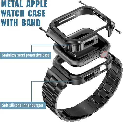 Vista 3 de MioHHR Correa de Acero Inoxidable para Reloj con Estuche Compatible con Correas de Apple Watch 40/41 mm, Correa Resistente con Cubierta Protectora