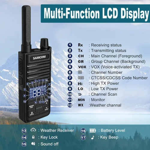 Vista 5 de SAMCOM Radio T2 GMRS de 2 W de largo alcance Walkie Talkie NOAA recargable para el clima, radio bidireccional resistente, radios de llamadas