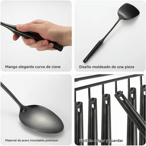 Vista 4 de Utensilios de cocina de acero inoxidable 304 con espátula, cuchara sólida, cucharón, espumadera, cuchara de espagueti, juego de 6 piezas, apto