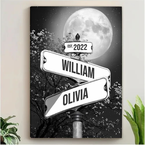 Vista 9 de VulcanAce Letrero de calle personalizado de Crossroads con nombre y fecha, impresión en lienzo de letrero de calle vintage personalizado, regalos