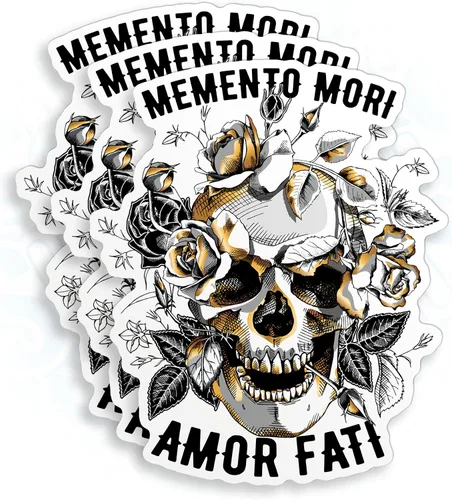 Vista 7 de Calcomanías de vinilo troqueladas con diseño de Memento Mori Amor Fati Skull Gold Roses Flowers para casco duro, botella de agua, laptop, monopatín