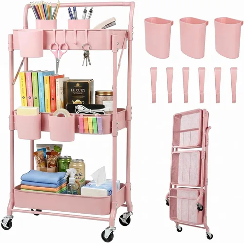 Vista 9 de Carrito plegable de 3 niveles con ruedas, carrito de utilidad plegable organizador, carrito de almacenamiento plegable con 3 tazas colgantes y 6