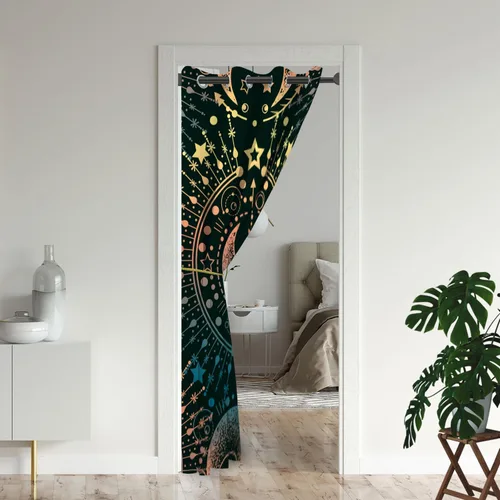 Vista 2 de Cortinas opacas de fantasía bohemias para puertas, diseño de luna mística, estrellas, tribal, para armario de dormitorio de niños, con ojales