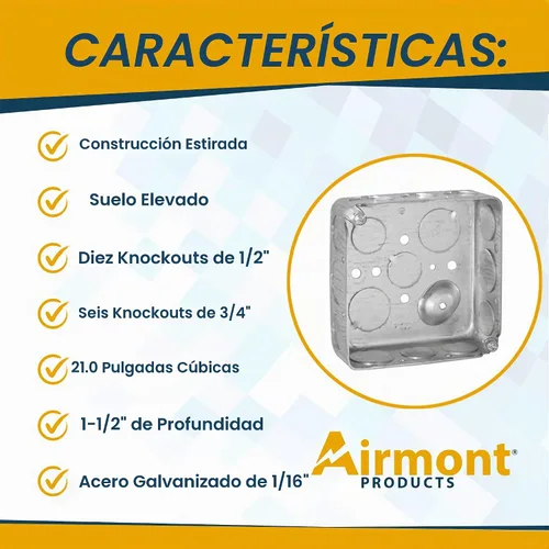 Vista 3 de Caja Eléctrica Cuadrada de 4'', Construcción Dibujada, Diez 1/2'' y Seis 3/4'' Knockouts, Suelo Elevado, 21.0 Cu. in. Capacidad, 1-1/2'' Profundo