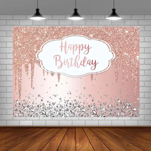 Vista 4 de Telón de fondo de 7 x 5 pies para cumpleaños con purpurina que gotea, diamantes de cristal, rosa dorado, para fotografía, decoración para fiesta