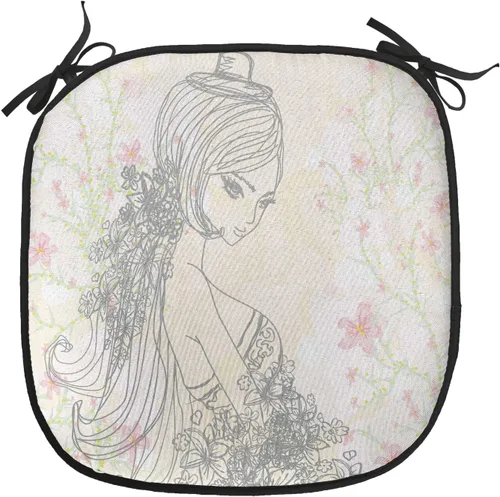 Vista 101 de Lunarable Floral Chair Cushion Pad, Flower Petal with Oriental Detail Culture Design, Seat Padding for Kitchen & Patio with Anti-Slip Backing