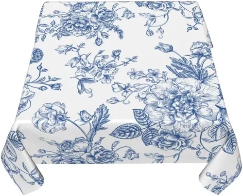 Vista 7 de BETGINY - Mantel cuadrado floral azul de 54 x 54 pulgadas, mantel decorativo de estilo chinoiserie con flores, tela rústica lavable para granja