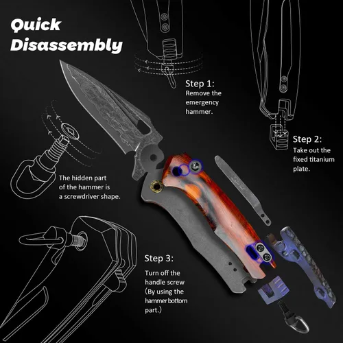 Vista 5 de Cuchillo plegable EDC multifuncional de acero de Damasco con clip de bolsillo autoensamblable, cierre de revestimiento, funda de cuero, cuchillo