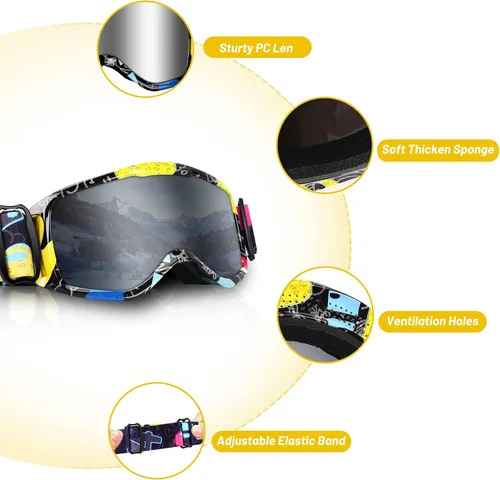 Vista 3 de Gafas de esquí para niños, gafas de snowboard para niños y niñas, jóvenes, OTG gafas de esquí antivaho con correa antideslizante