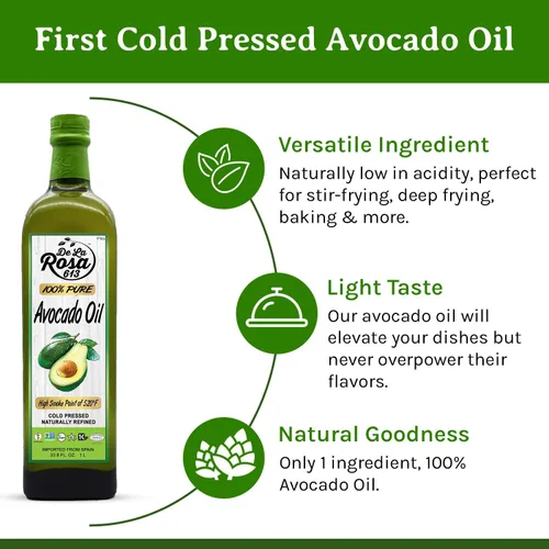 Vista 4 de De La Rosa Aceite de aguacate 100% puro, Kosher para Pascua, vegano, sin OMG y sin gluten, ideal para cocinar con alto punto de humo, primer aceite