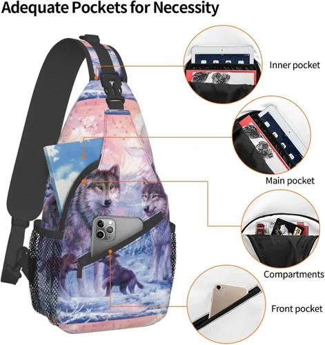 Vista 4 de PSVOD Bolsos cruzados de la familia de los lobos, Bolsos de hombro de los hombres, Mochilas de hombro en el pecho, Bolsos de cintura, Bolsos