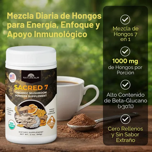 Vista 2 de Naturealm Suplemento en polvo de hongos orgánicos Sacred 7 Suministro para 60 días Mezcla 7 en 1 con melena de león, Reishi, Chaga Apoyo