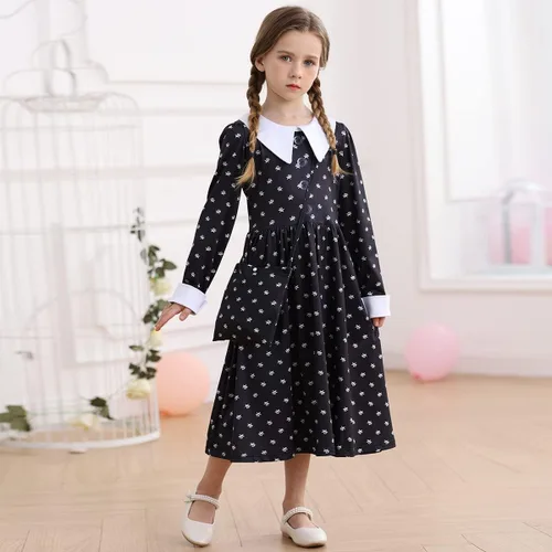 Vista 2 de Luzlen Wednesday Addams - Disfraz para niñas con peluca y calcetines para niños, vestido familiar Addams, disfraz de Halloween y cosplay, trajes