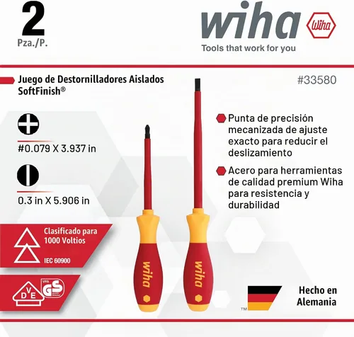 Vista 2 de Wiha 33580 Juego de 2 destornilladores aislados SoftFinish ranurados y Phillips Slotted y Phillips